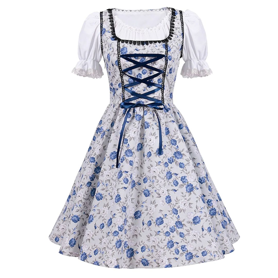 Blau-weißes Dirndlkleid mit Blumenmuster, traditionell, kurzärmelig, Oktoberfestmode.