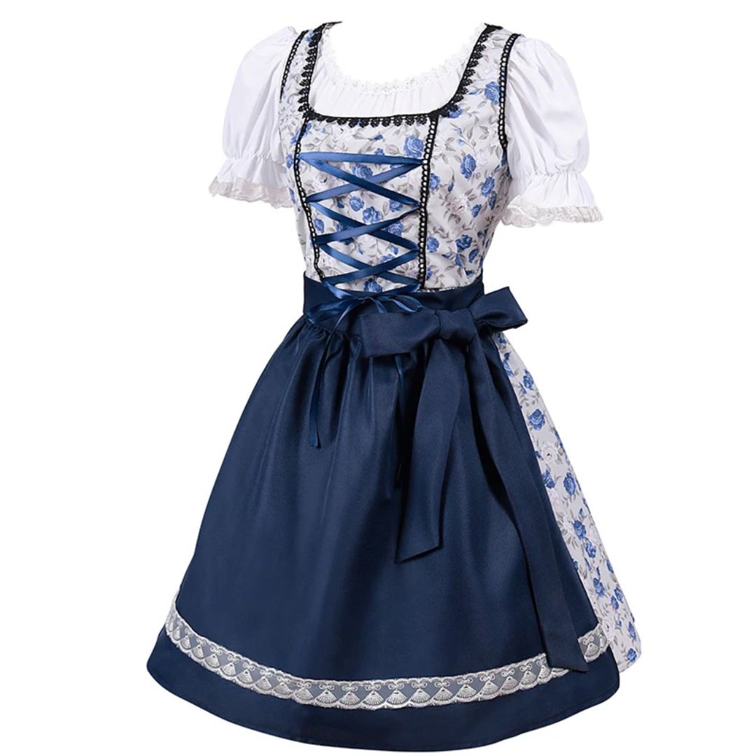 Blau-weißes Dirndl mit Blumenmuster, Spitzenbesatz und Schleife, traditionelles Oktoberfestkleid.