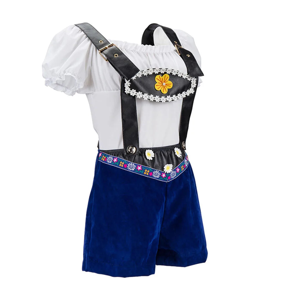 Damen-Trachten-Shorts, blau, mit Lederhosenträgern und Blumenstickerei, Oktoberfest-Outfit