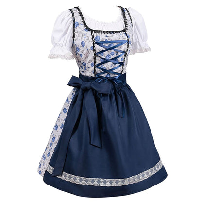 Blau-weißes Dirndl mit Blumendruck, Spitzenbesatz und Schleife, traditionelles Oktoberfestkleid.