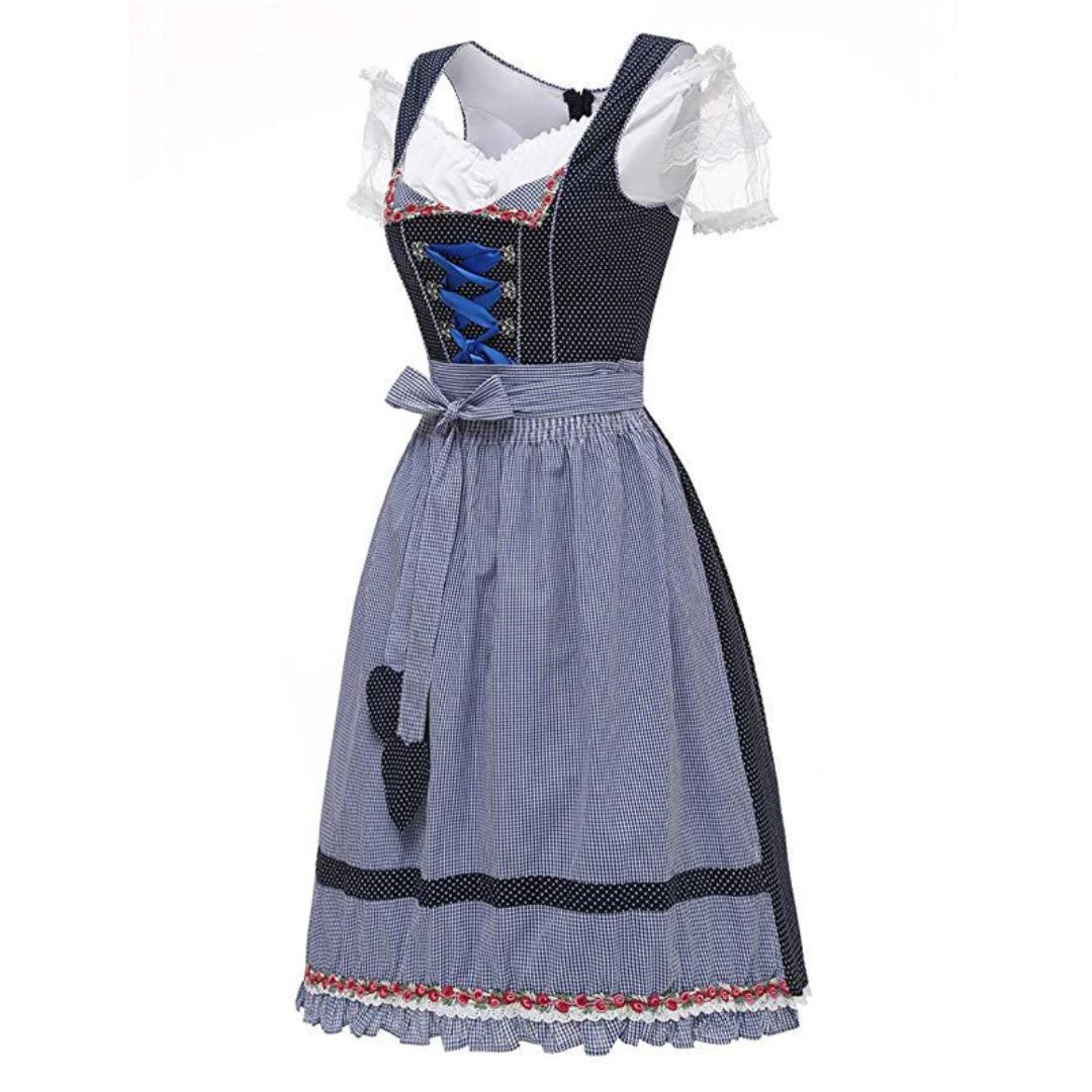 Damen-Dirndl blau-weiß kariert, traditionell, mit Schürze und Spitzenbluse, Oktoberfest-Kleidung.