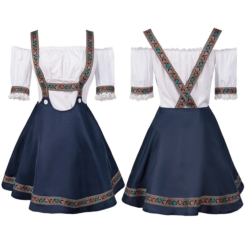 Bayerisches Dirndlkleid, blau-weiß, mit Stickerei, Trachtenmode, Oktoberfest-Kostüm.
