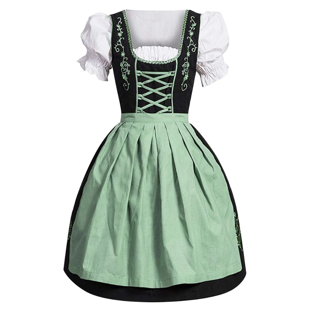 Grünes Dirndlkleid mit schwarzem Mieder, Stickerei, traditionell, bayerische Tracht, Damenmode.