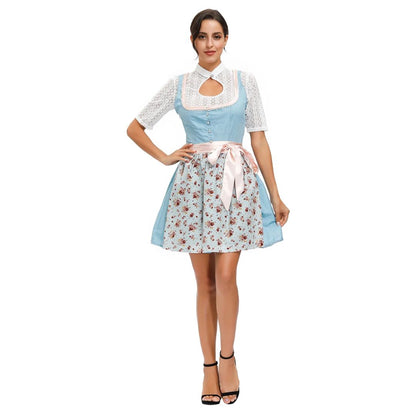 Damen-Dirndlkleid blau-weiß, Blumenmuster, Spitze, traditionell, Oktoberfest, Trachtenmode.