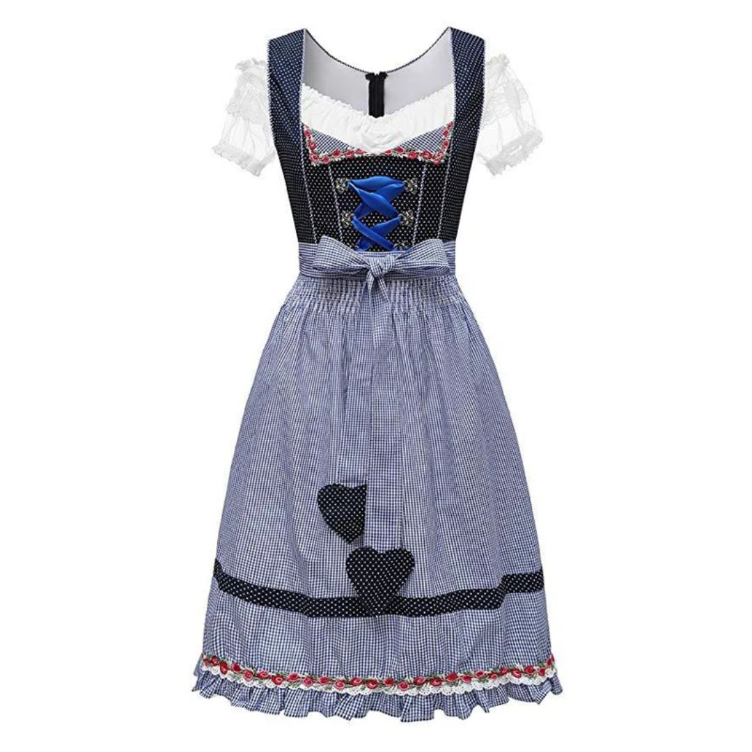 Blaues Dirndlkleid mit Schürze, Herzmotiv, traditionell, Oktoberfest, Damenmode.