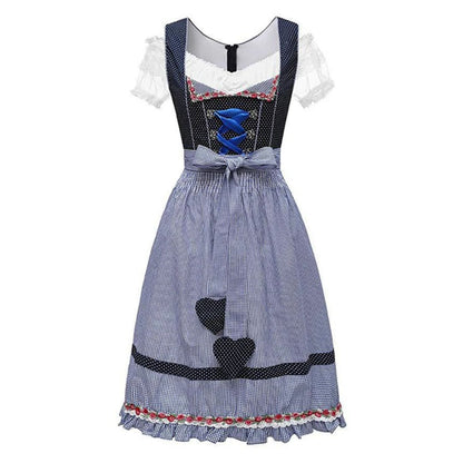 Blaues Dirndlkleid mit Schürze, Herzmotiv, traditionell, Oktoberfest, Damenmode.