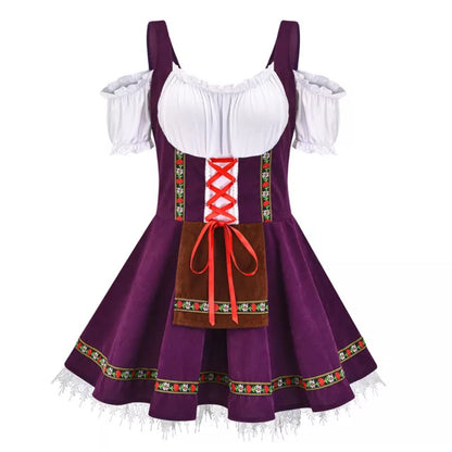 Lila Dirndl Kleid, weißes Mieder, rote Schnürung, Blumenmuster, Oktoberfest Trachtenmode.