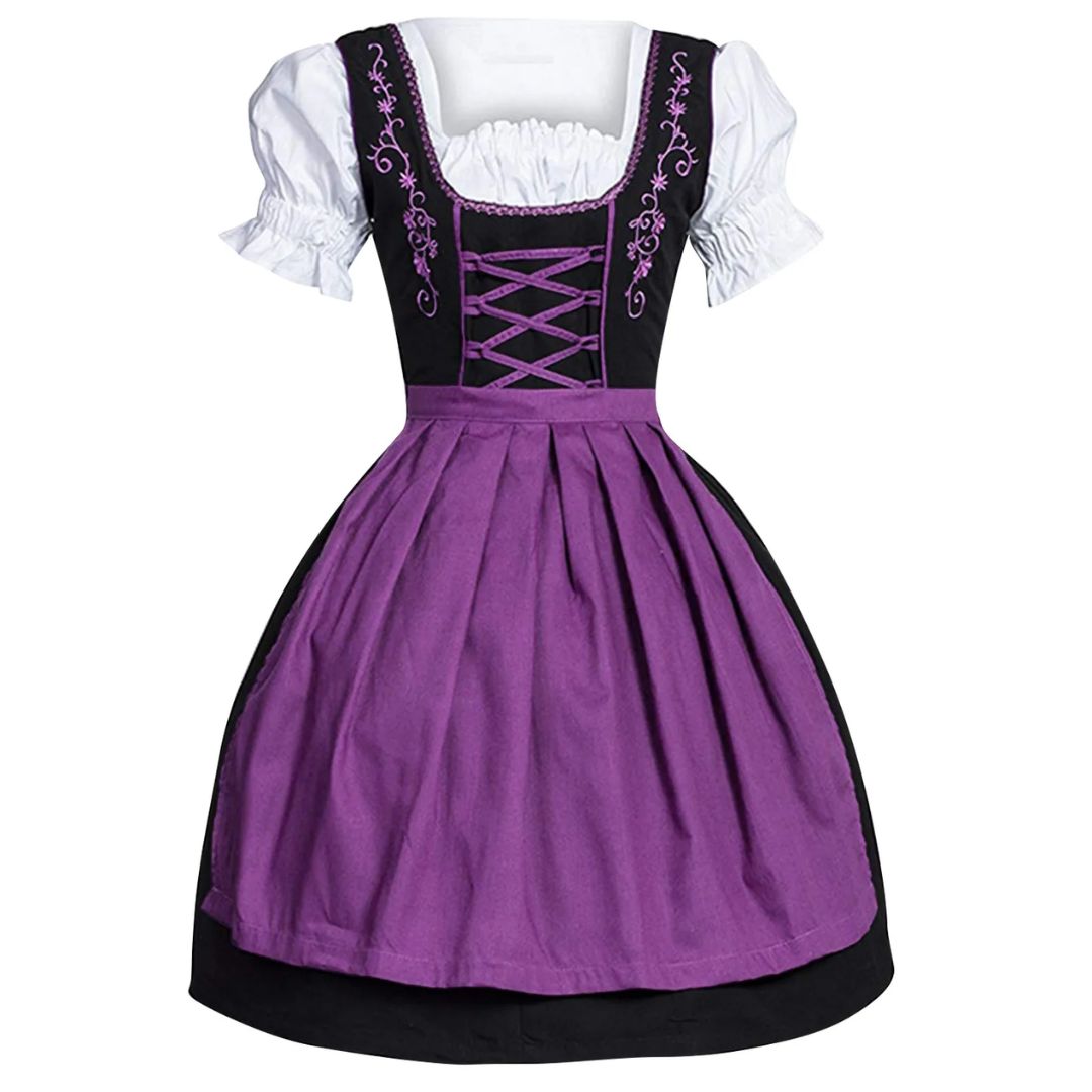 Lila Dirndlkleid mit schwarzem Mieder, weißer Bluse, Stickerei, traditionell, Oktoberfest.
