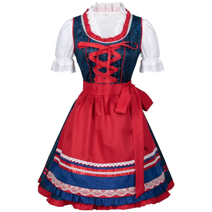 Blaues und rotes Dirndlkleid mit Spitzenbesatz, traditionell bayerische Tracht für Damen.