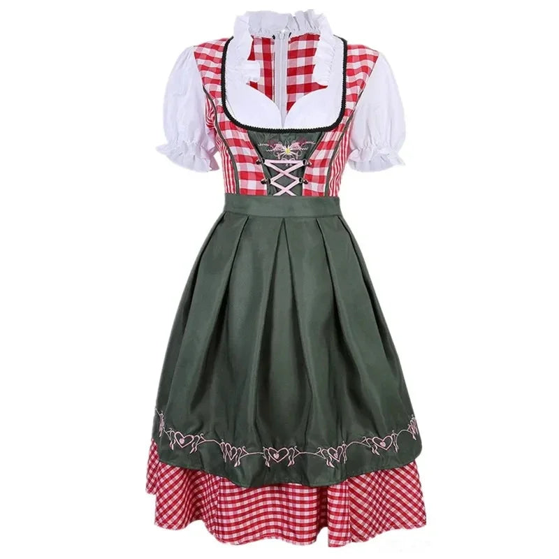 Traditionelles Dirndl Kleid, rot-weiß kariert, grün Schürze, bayerische Tracht, Damenmode.