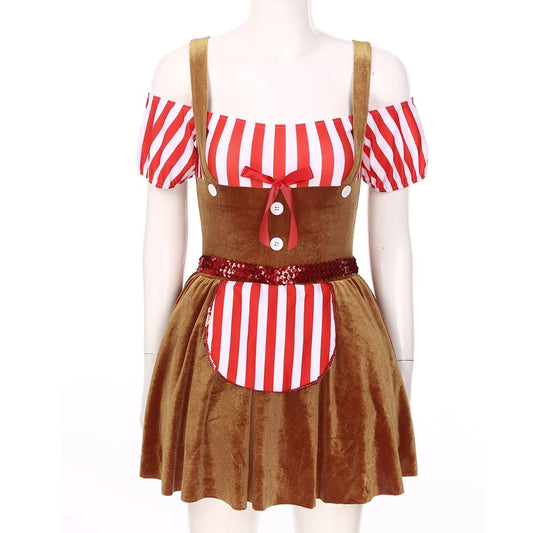 Damenkostüm Oktoberfest, rot-weiß gestreift, braun, Dirndl-Stil, Karneval, Fasching.