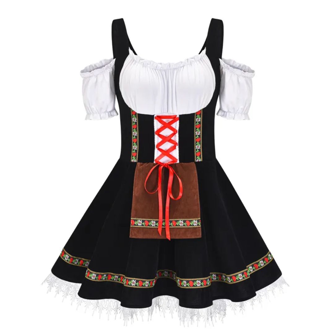 Schwarzes Dirndlkleid mit weißer Bluse, rotem Miederband, Blumenmuster, traditionell, Oktoberfest.