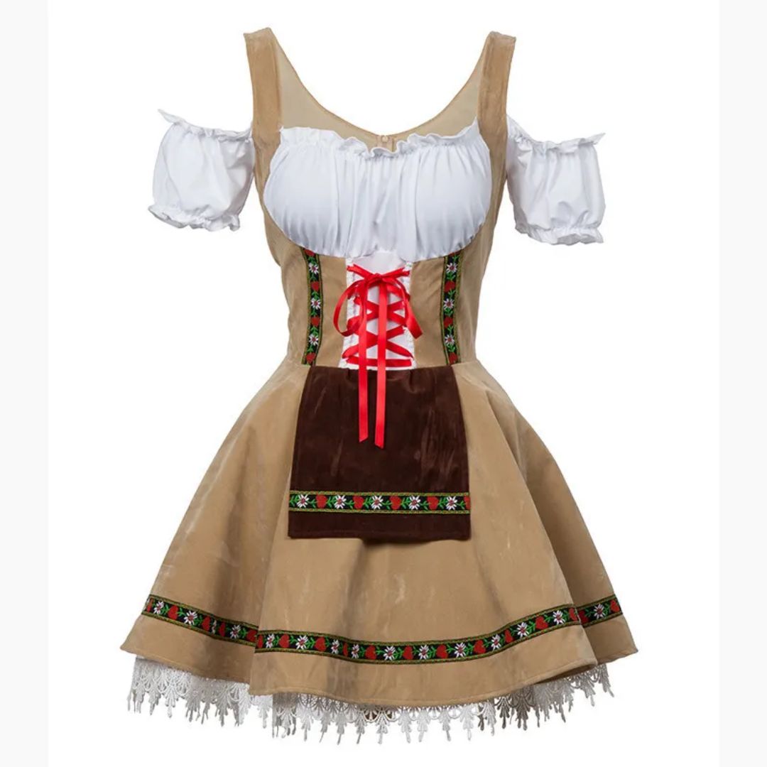 Braunes Dirndlkleid mit weißer Bluse, roter Schnürung, Blumenmuster, traditionell, Oktoberfest.