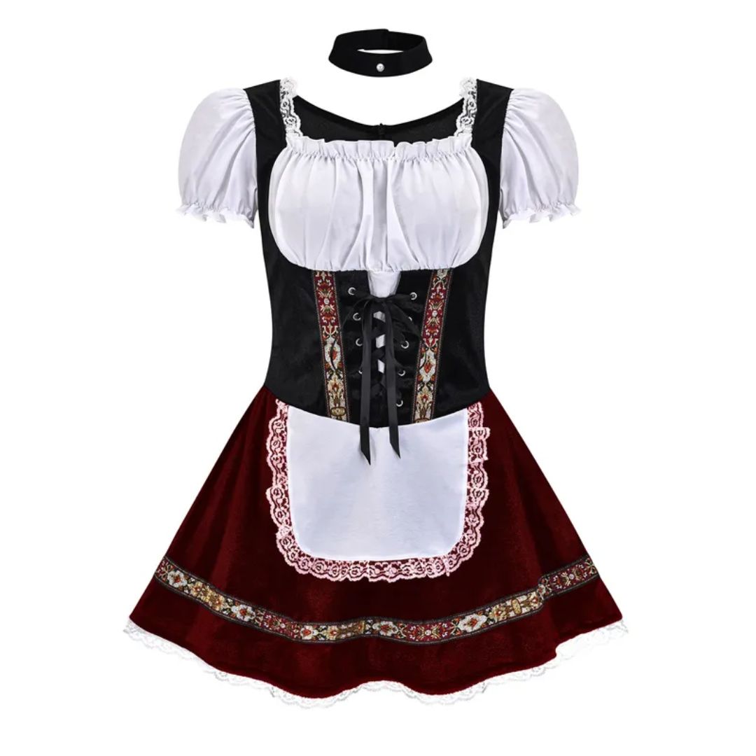 Schwarzes und rotes Dirndl mit weißer Bluse und Schürze, traditionelles bayerisches Kleid.