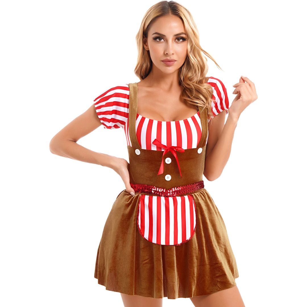 Frau im rot-weiß gestreiften Dirndl-Kostüm mit braunem Rock, Karneval, Oktoberfest-Outfit.