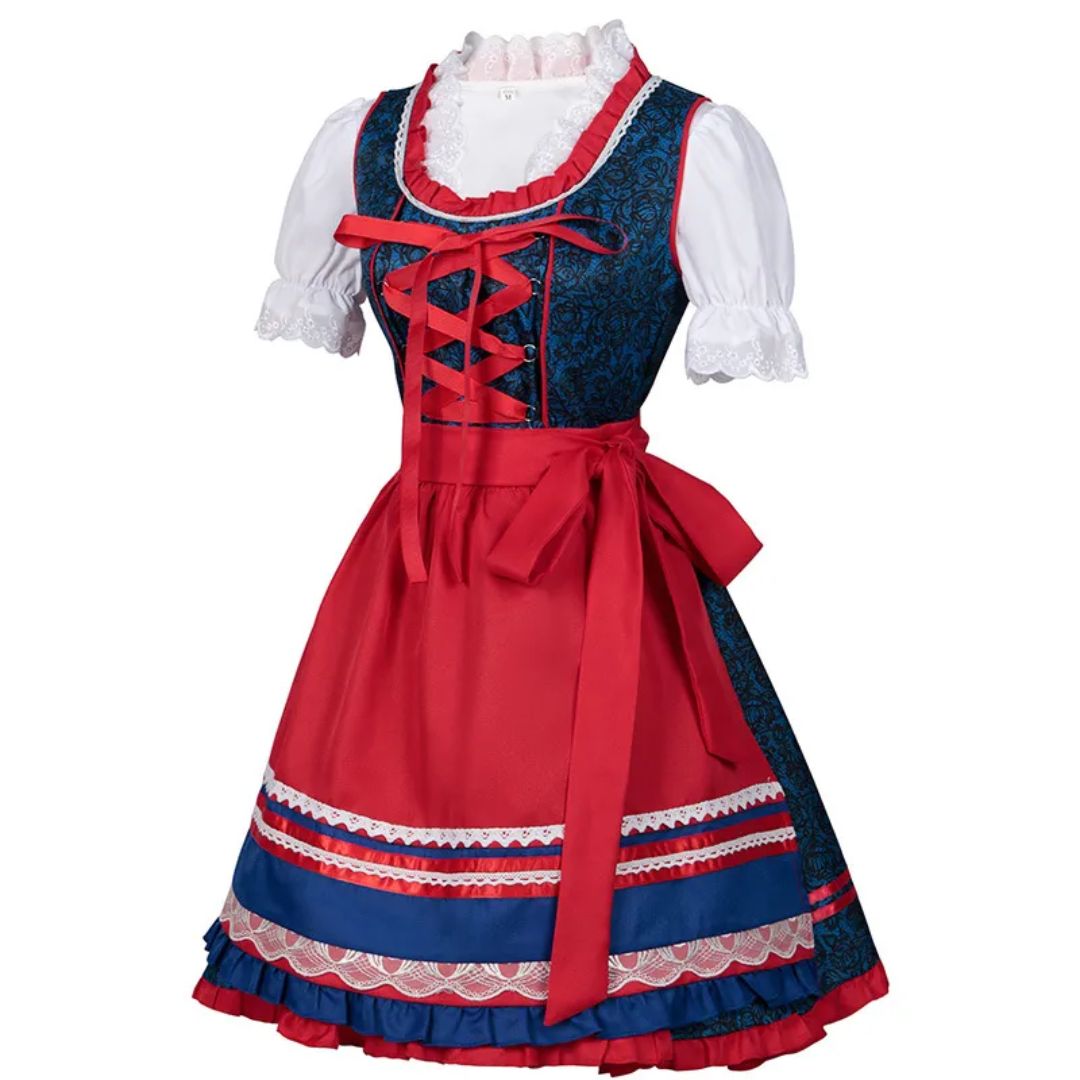 Rotes und blaues Dirndlkleid mit weißer Bluse, traditionell bayerische Tracht, Damenmode.