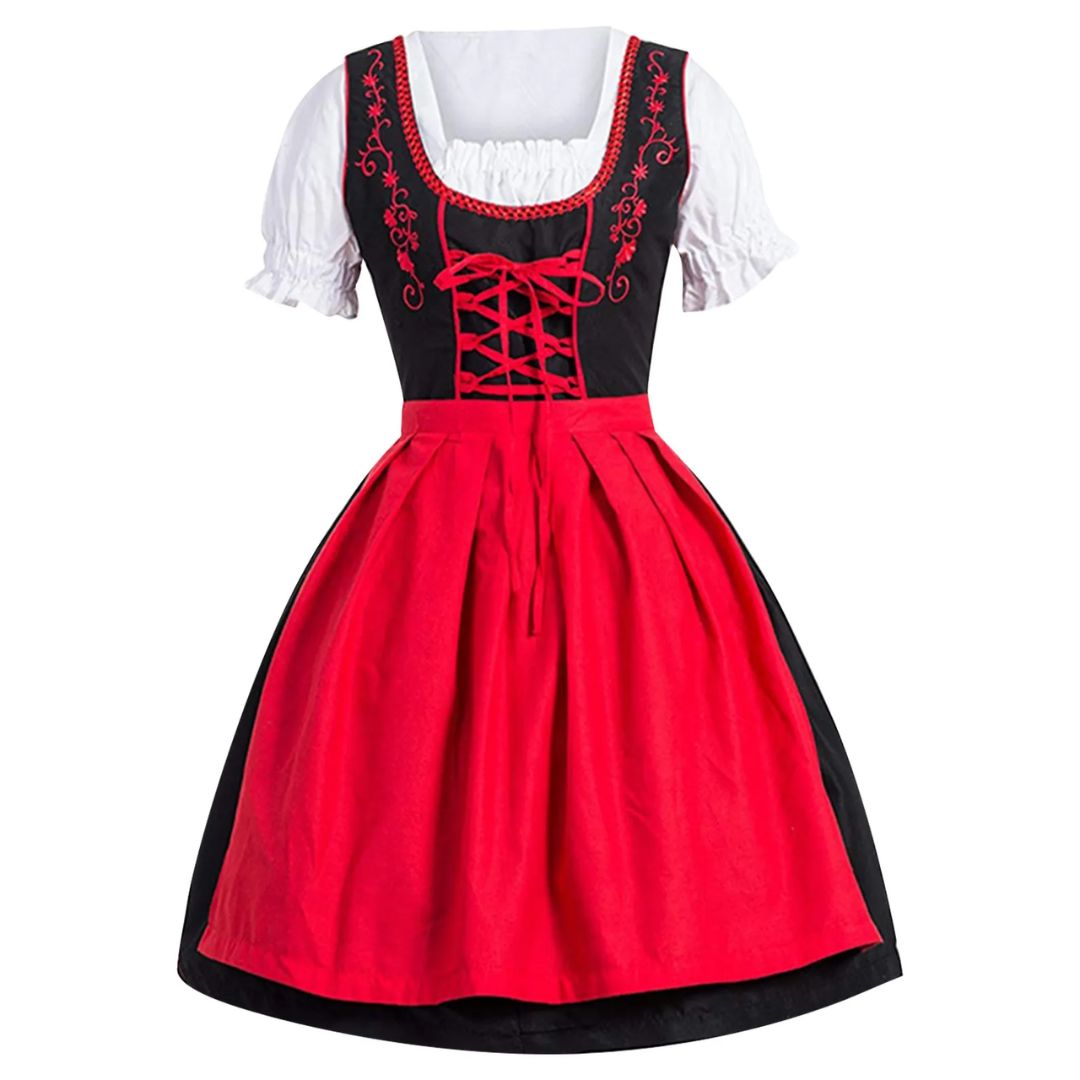 Rotes Dirndlkleid mit schwarzem Mieder, weißer Bluse, traditionelles bayerisches Trachtenkleid.
