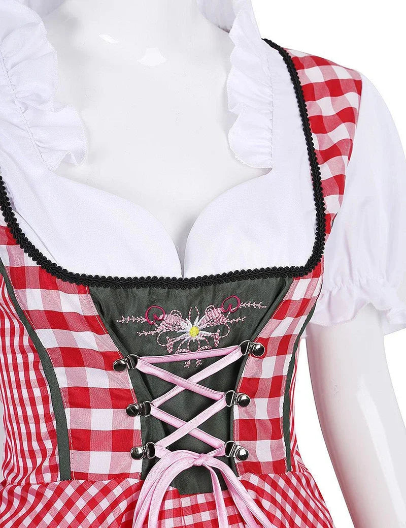 Rotes kariertes Dirndl mit weißer Bluse, traditionelles bayerisches Trachtenkleid.