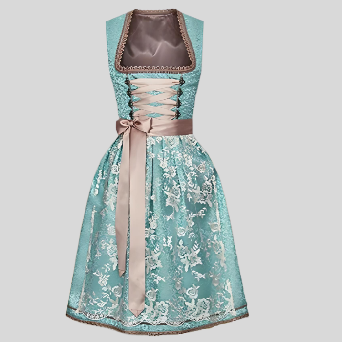 Blaues Dirndl mit Spitze, Satinband und Mieder, traditionelles bayerisches Kleid für Damen.