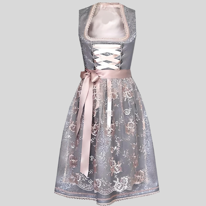 Graues Damen-Dirndl mit floraler Spitze, rosa Schleife, traditionelles Oktoberfest-Kleid.