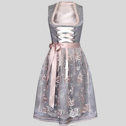 Graues Damen-Dirndl mit floraler Spitze, rosa Schleife, traditionelles Oktoberfest-Kleid.
