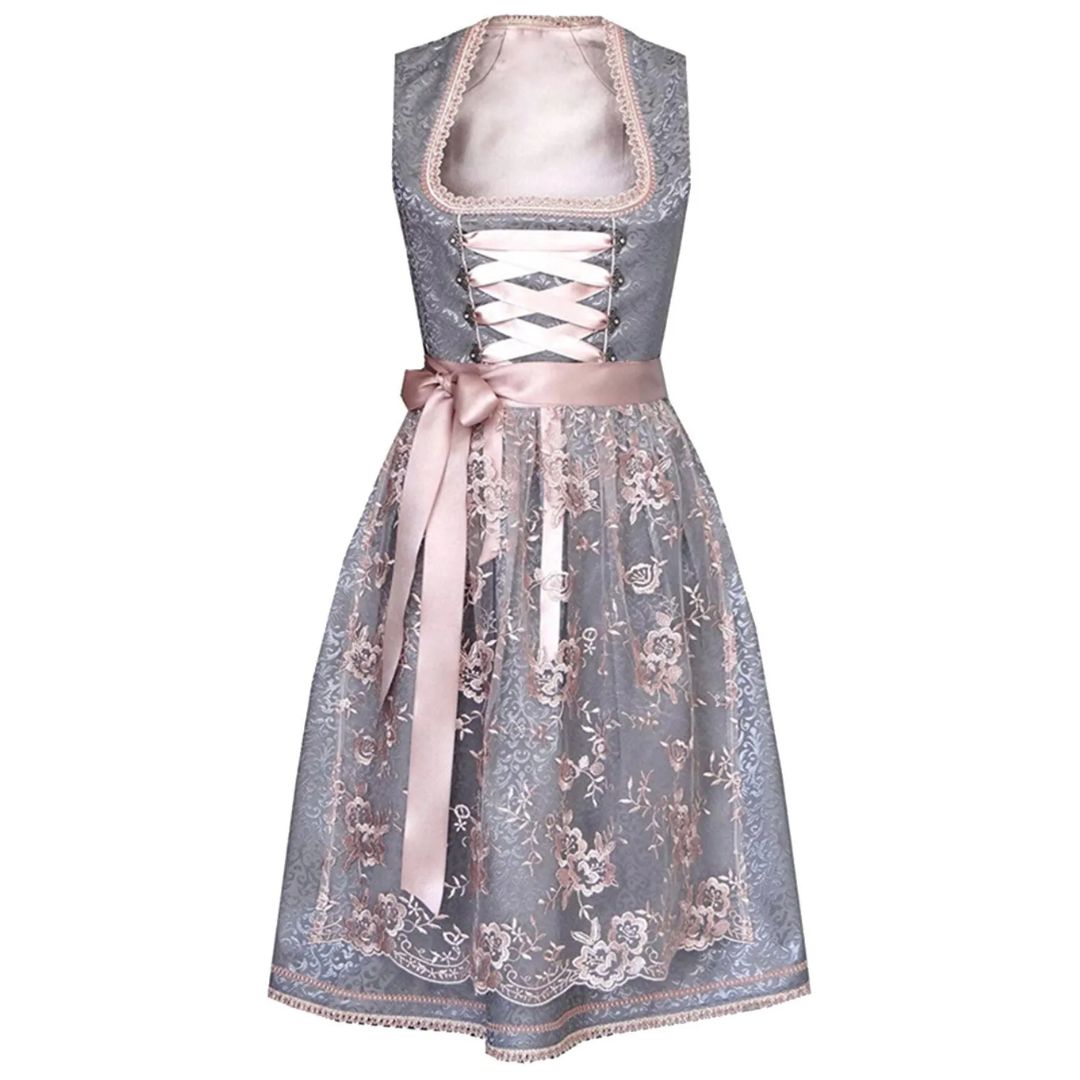 Graues Dirndlkleid mit rosa Spitze und Schleife, traditionell, elegant, Oktoberfestmode.