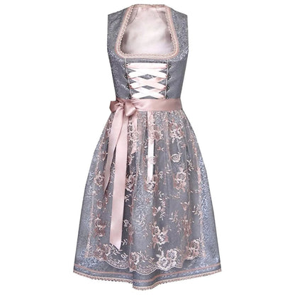 Graues Dirndlkleid mit rosa Spitze und Schleife, traditionell, elegant, Oktoberfestmode.
