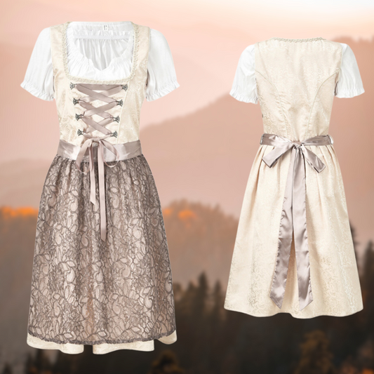 Beige Dirndl mit weißer Bluse, Spitzenmuster, Schnürung, traditionelles bayerisches Trachtenkleid.