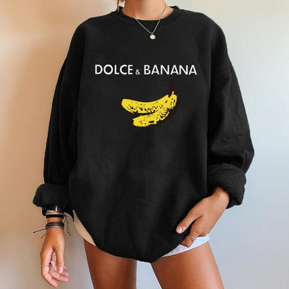 Schwarzer Oversize-Pullover mit "Dolce & Banana"-Aufdruck, Banane, Damenmode, Baumwolle.