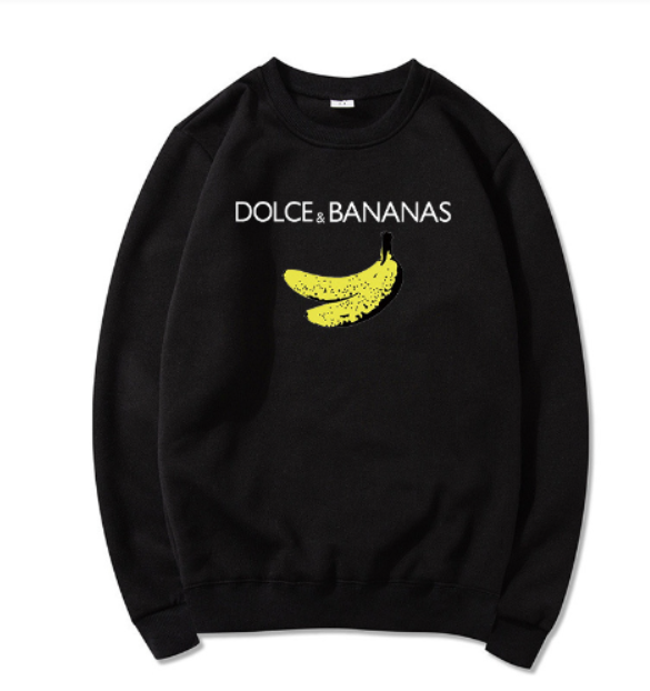 Schwarzer Pullover mit "Dolce & Bananas"-Aufdruck, gelbe Banane, Baumwolle, Unisex-Mode.