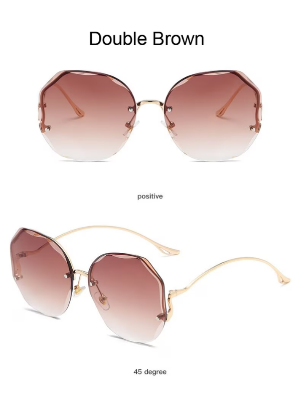 Braune Damen-Sonnenbrille, achteckig, randlos, goldene Bügel, modisch, UV-Schutz.