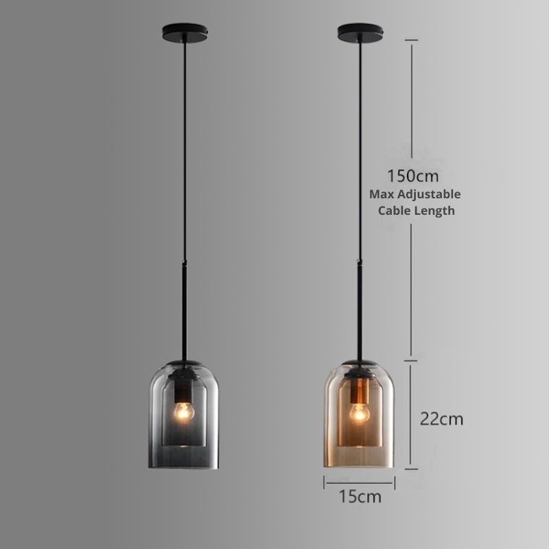 Postmoderne Pendelleuchte aus Glas, höhenverstellbar, schwarz, 22cm hoch, 15cm Durchmesser.