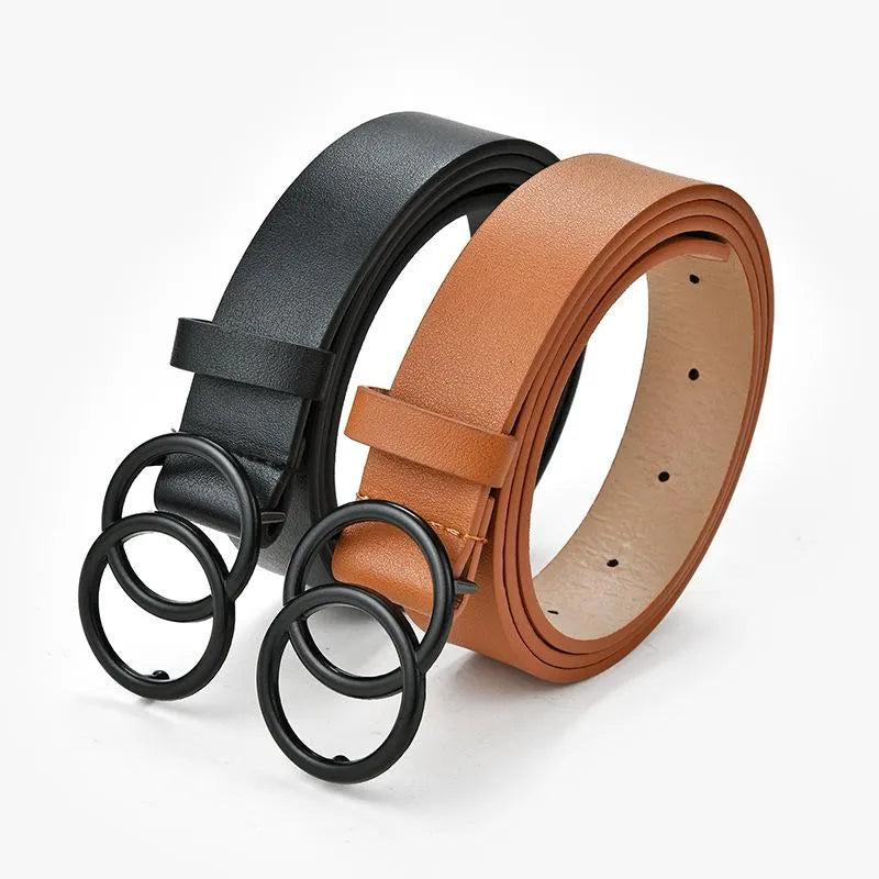 Schwarzer und brauner Doppelring-Gürtel aus Leder für Damen und Herren, modisches Accessoire.