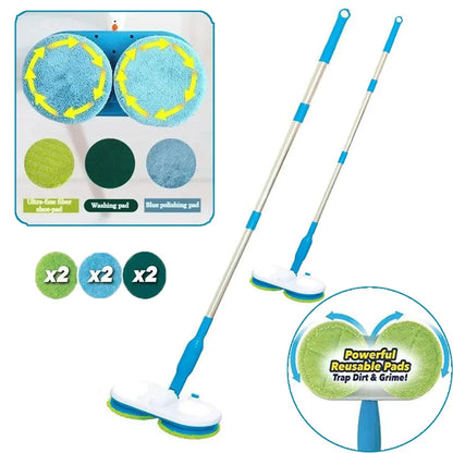 Doppelmopp mit wiederverwendbaren Mikrofaser-Pads, blau-grün, für effektive Bodenreinigung.