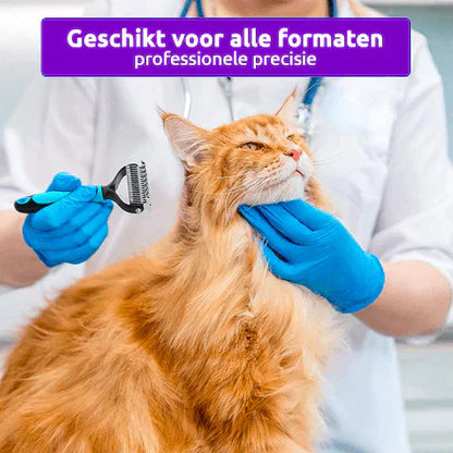 Doppelseitiger Entfilzungskamm für Haustiere, orange Katze, blaue Handschuhe, Fellpflege.