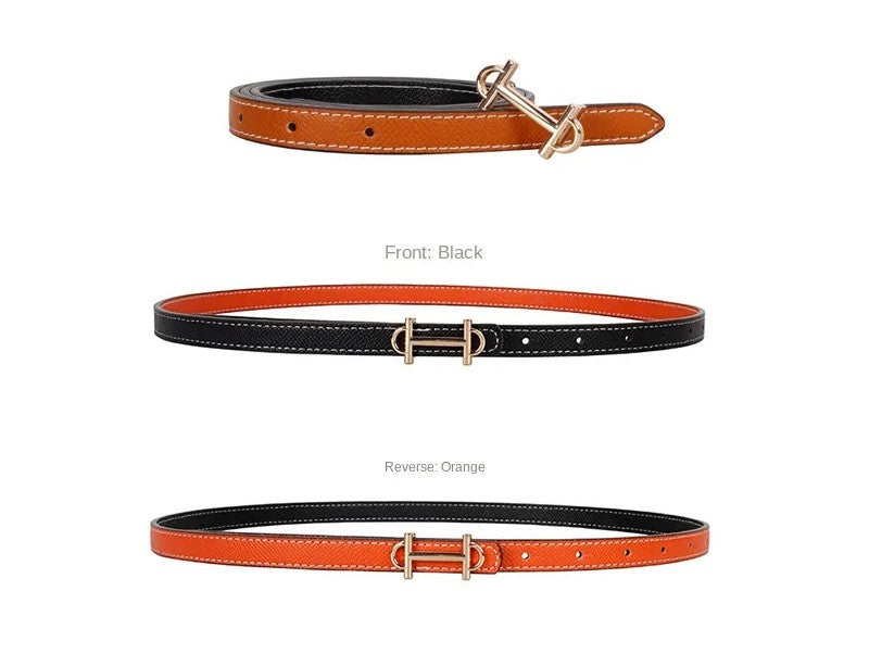 Doppelseitiger Ledergürtel, schwarz und orange, mit H-Schnalle, modisches Accessoire.