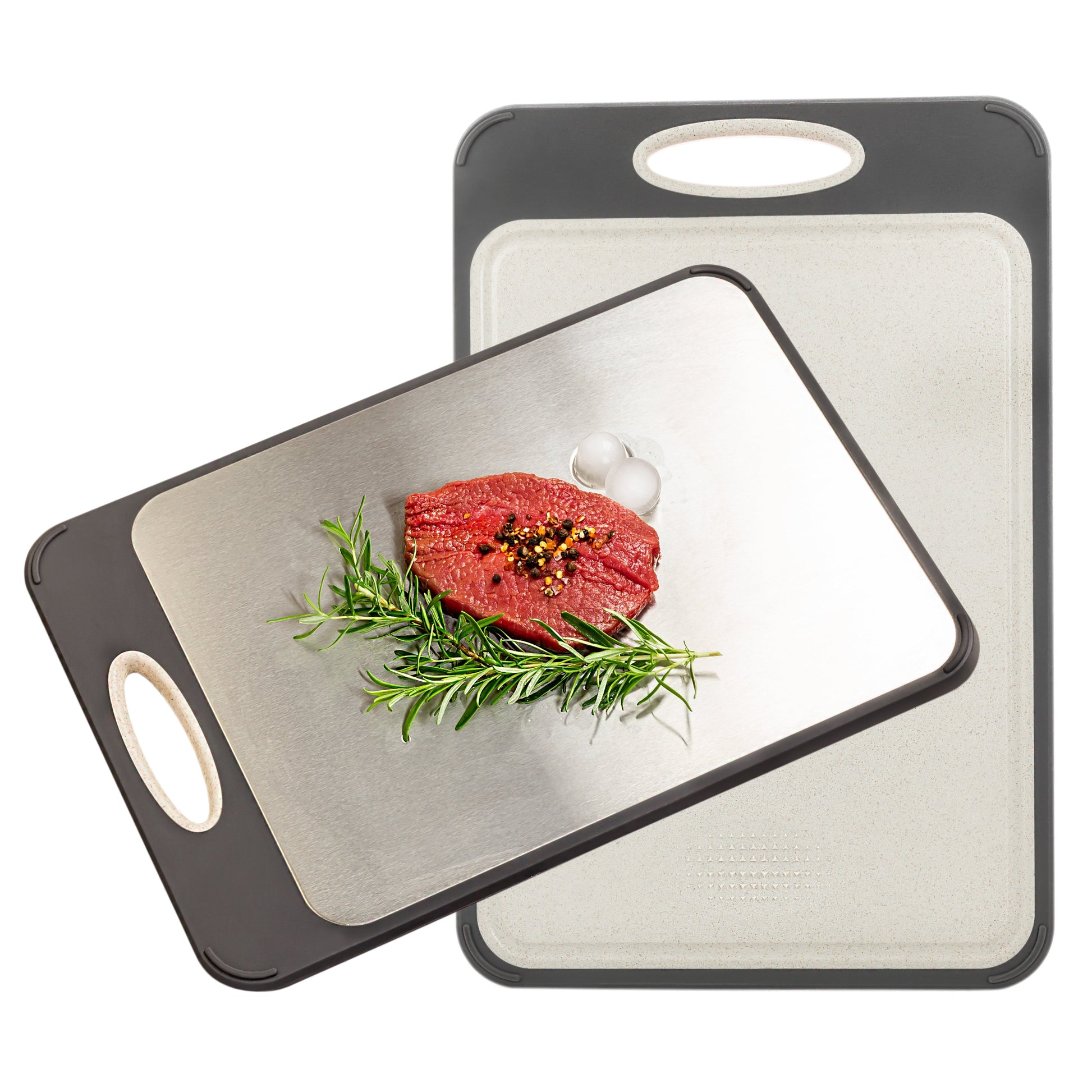 Doppelseitiges Schneidebrett, Edelstahl und Kunststoff, mit Fleisch und Rosmarin, Küche Zubehör