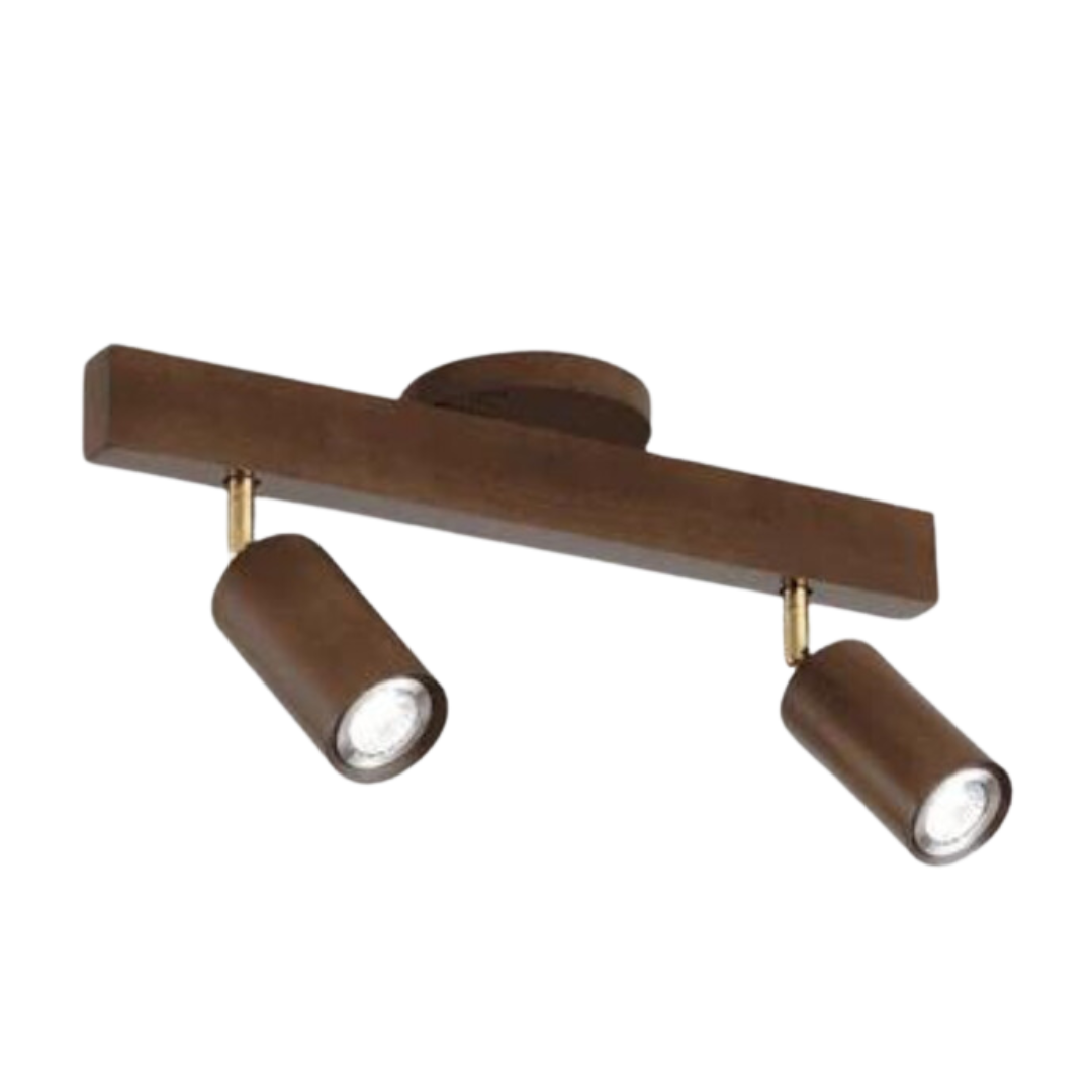 Braune Deckenleuchte mit zwei verstellbaren LED-Spots, modernes Design, Holzoptik.