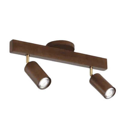 Braune Deckenleuchte mit zwei verstellbaren LED-Spots, modernes Design, Holzoptik.