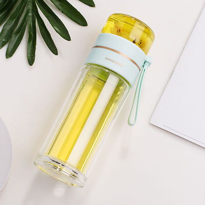 Doppelwandige Glasflasche mit gelbem Getränk, mintgrüner Deckel, Teesieb, modernem Design.