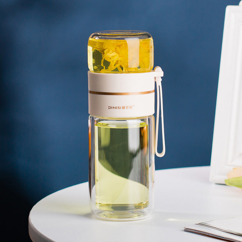Doppelwandige Glasflasche mit Teesieb, transparent, 500ml, ideal für Tee, stilvolles Design.