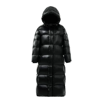 Schwarzer langer Daunenmantel mit Kapuze, Winterjacke, warm, modisch, Damenbekleidung.