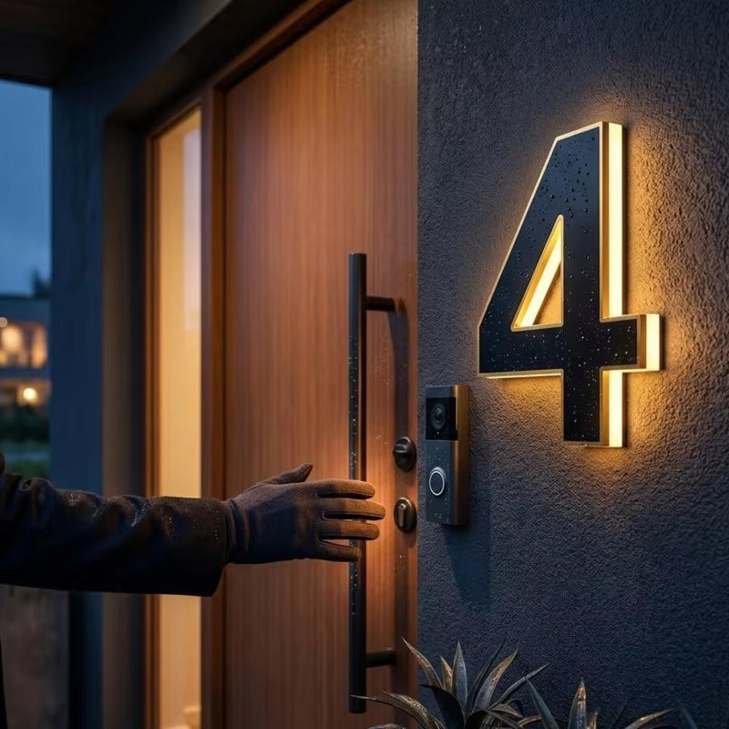Närbild på ett lysande svart husnummer med vattendroppar bredvid en ytterdörr, med en hand i handske som tar i dörrhandtaget. 2