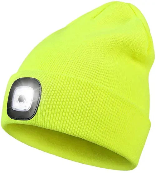 Neongelbe LED-Mütze, Strick, Unisex, für Outdoor-Aktivitäten, mit integriertem Licht.