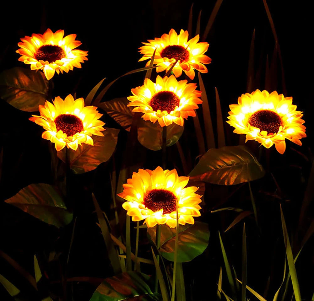 Solarbetriebene LED-Sonnenblumenlichter, gelb, Gartenbeleuchtung, energiesparend, dekorativ.
