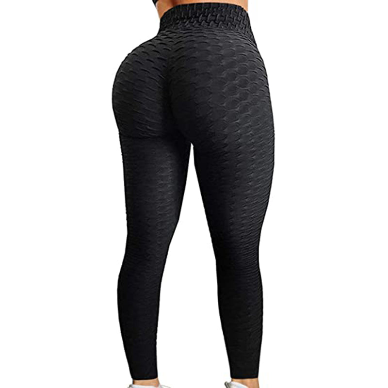 Schwarze Damen-Leggings, nahtlos, strukturierte Sporthose, hohe Taille, Fitnessmode.