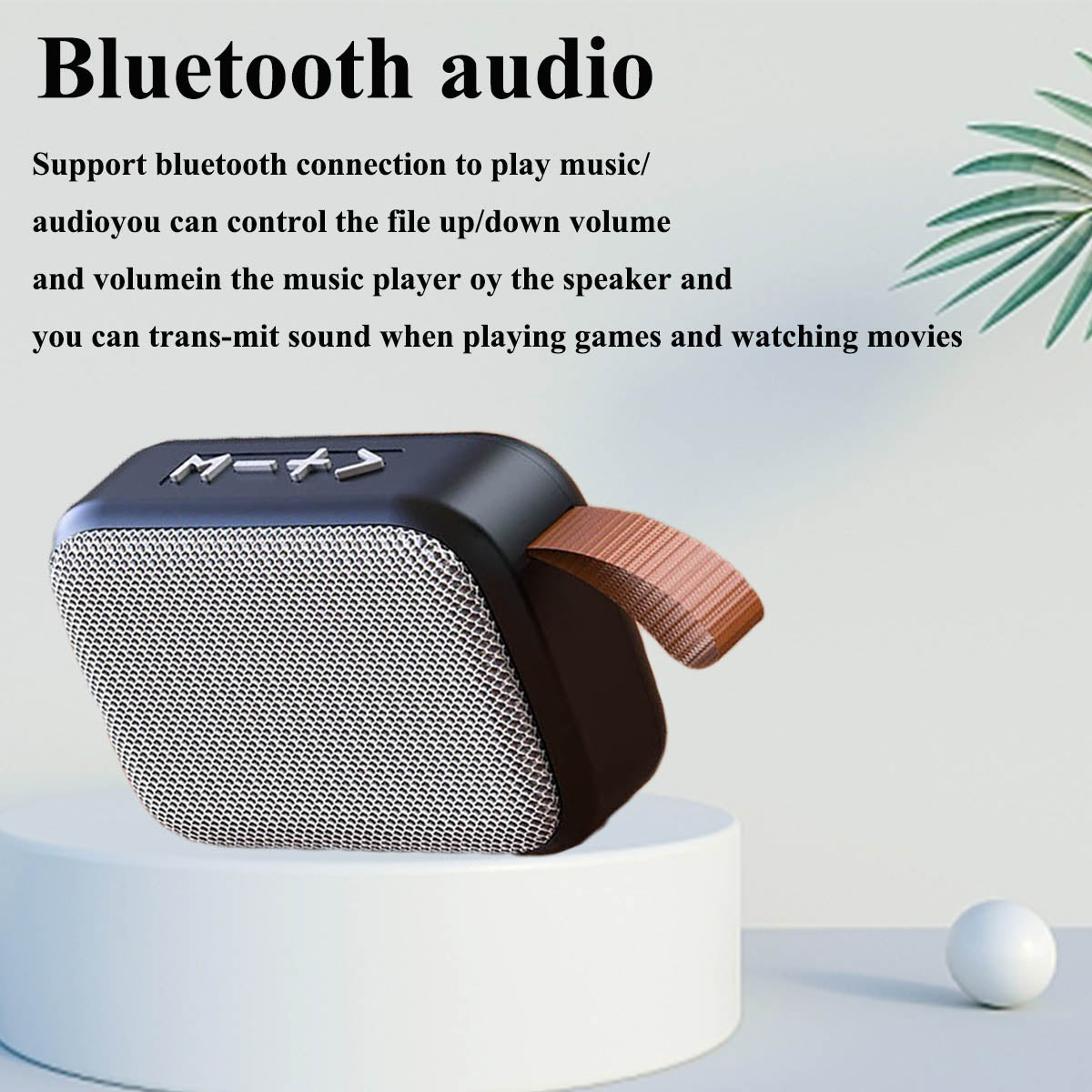 Tragbarer Bluetooth-Lautsprecher, schwarz, mit Metallgitter und Trageschlaufe, modern.