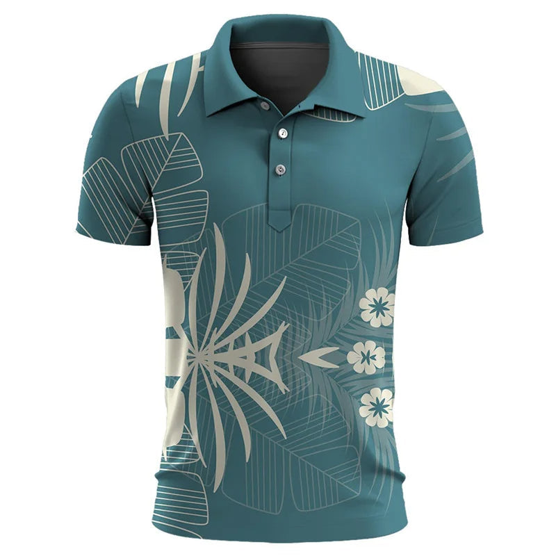 Grünes Herren-Poloshirt mit tropischem Blumenmuster, kurzärmelig, Freizeitmode.