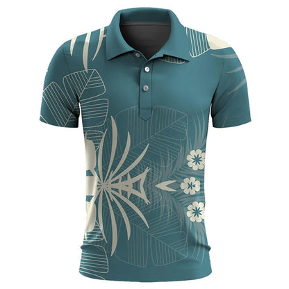 Grünes Herren-Poloshirt mit tropischem Blumenmuster, kurzärmelig, Freizeitmode.