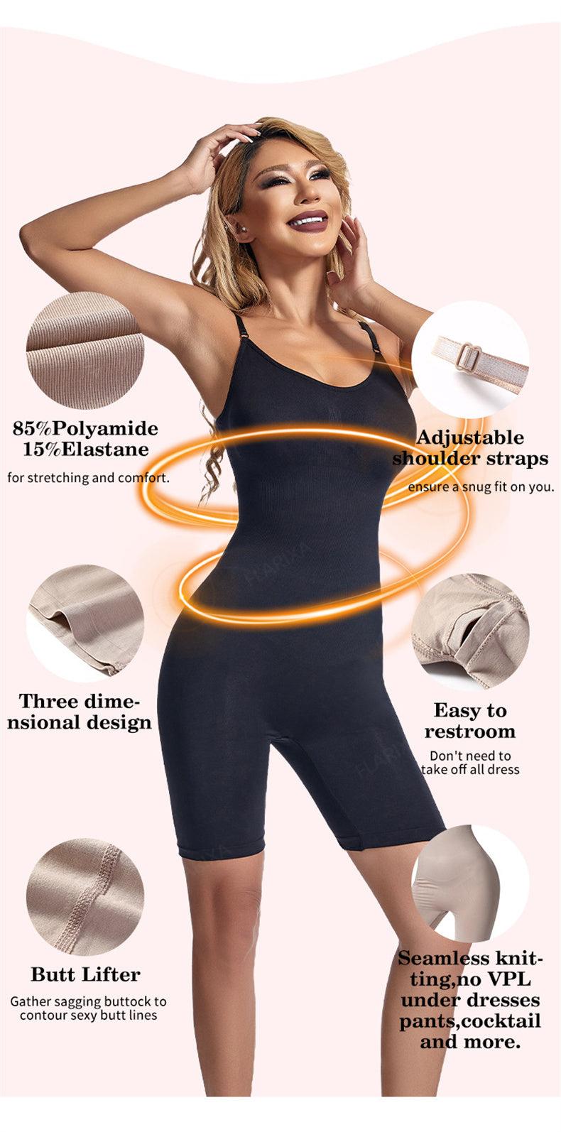 Frau in schwarzem Shapewear-Overall, nahtlos, mit verstellbaren Trägern, figurformend.